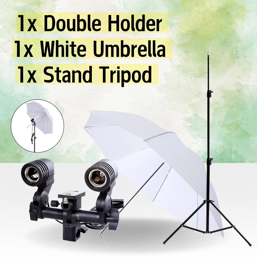 Photography Studio Lighting Kit: Umbrella, Double Bulb Holder & Jk High Quality Stand Light Stand