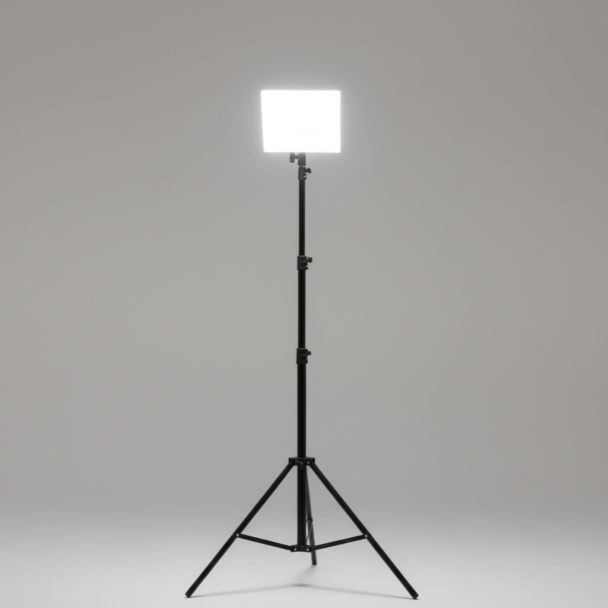 White light panel on a black stand against a gray background