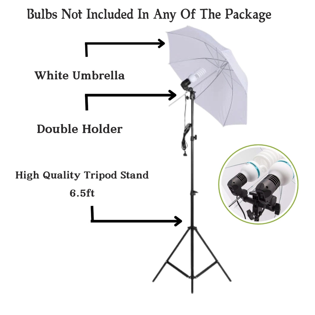 Photography Studio Lighting Kit: Umbrella, Double Bulb Holder & Jk High Quality Stand Light Stand